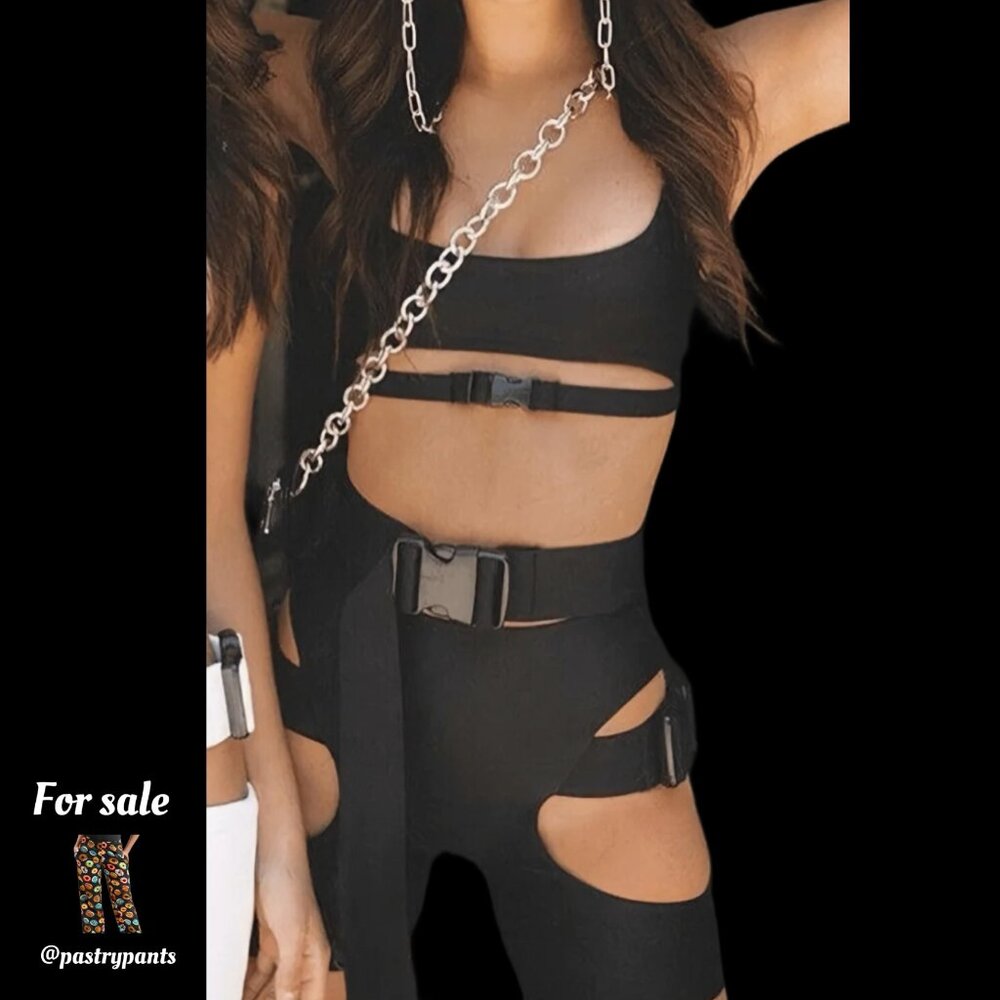 3 piece black buckle top and shorts with cutouts size XS
